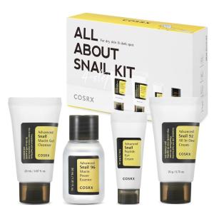 imageCOSRX All About Snail Mucin Korean Skin Care Set Mini Travel Essentials Travel Size Gift Set with Snail Mucin Face Wash Serum Moisturizer ampamp Eye Cream Rejuvenating Kit