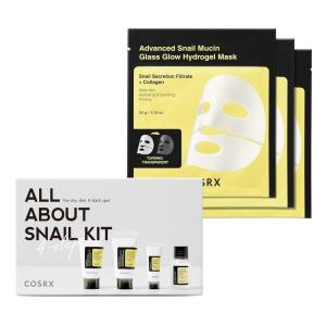 imageCOSRX All About Snail Set  Hydrogel Mask 3EA Snail Mucin Skincare Set and Glass Glow Hydrogel Collagen Face Mask Travel Essentials Stocking Stuffers Korean Skin Care